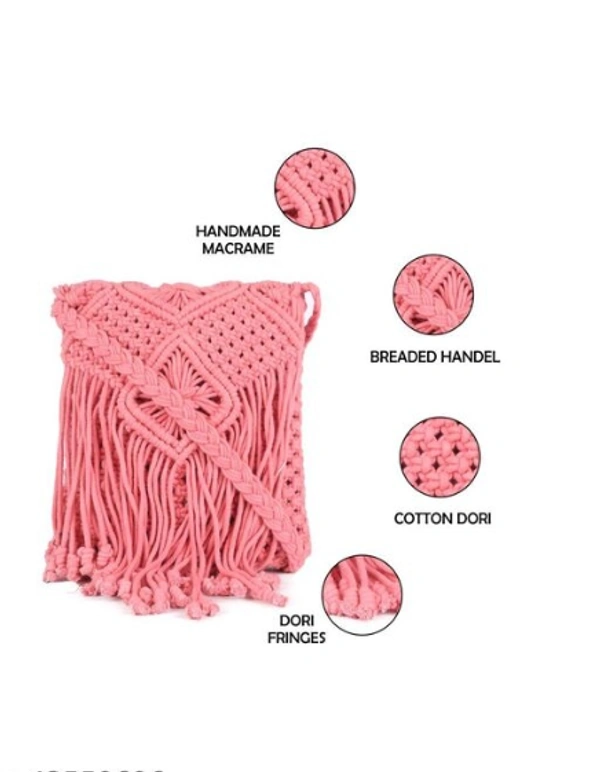 ASTRID Pink  Macrame Sling Bag With Flapover Fringes  -  Free Size, Pink, Macrame, Pack of1